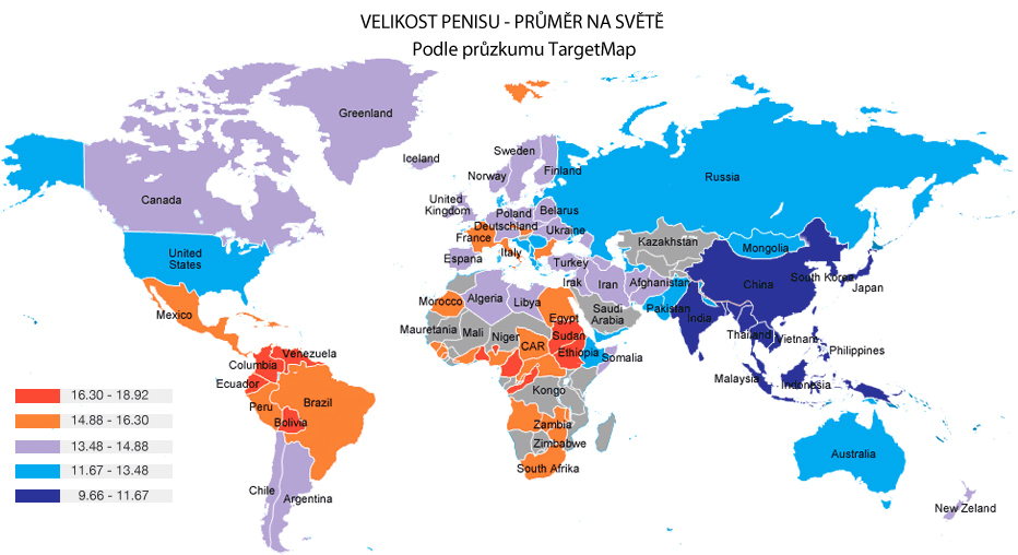 Mapa průměrné velikosti penisu na světě